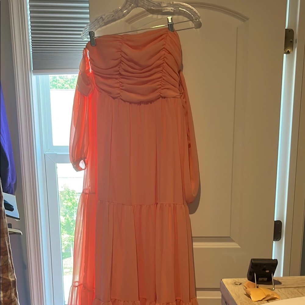Pink Ruched Off-Shoulder Sundress with Bishop Sleeves